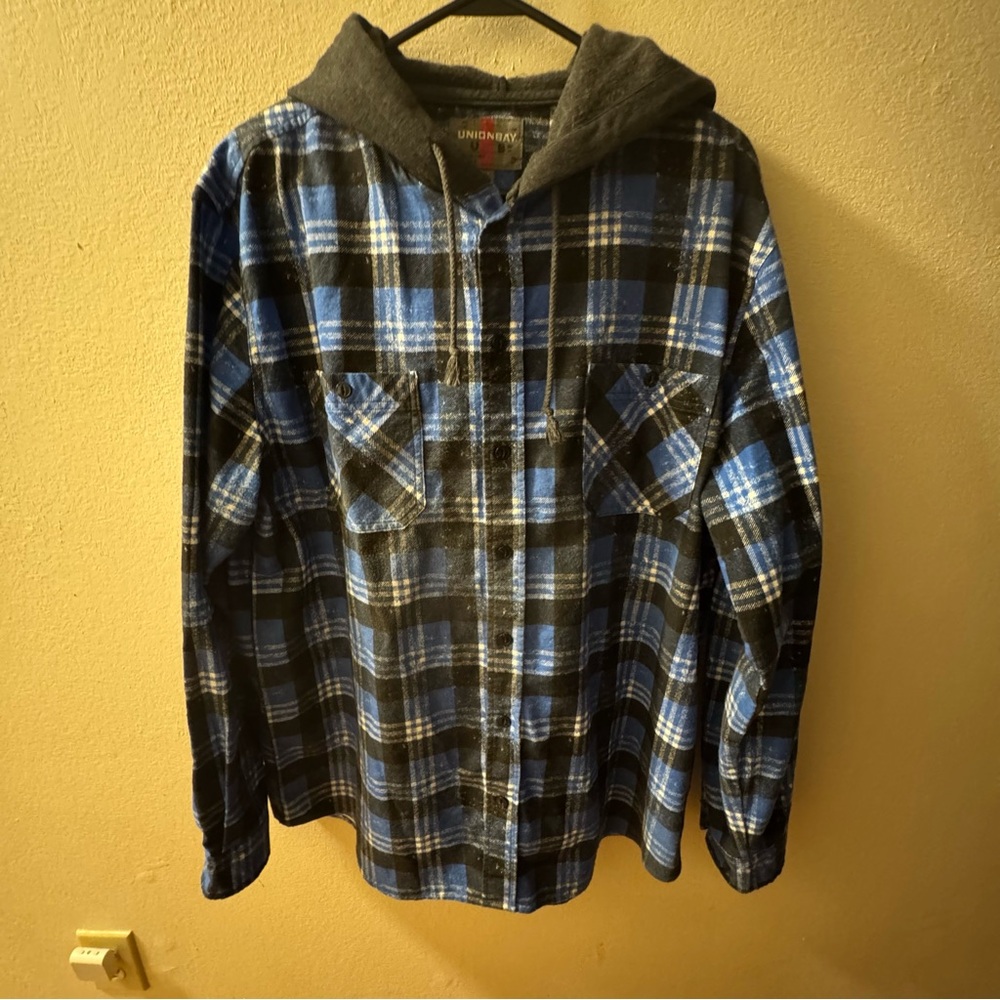 Unionbay Men’s Black And Blue Plaid Flannel Shirt Button Up Size XL Hoodie
